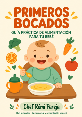 Portada del ebook Primeros Bocados, guía práctica de alimentación para tu bebé, de Chef Rémi Pareja